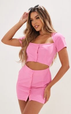 Hot Pink Linen Look Button Detail Cut Out Bodycon Dress