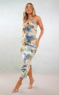 Multi Abstract Print Satin Ring Corset Detail Midaxi Dress