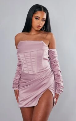 PLT LABEL Rose Satin Corset Ruched Sleeve Bodycon Dress