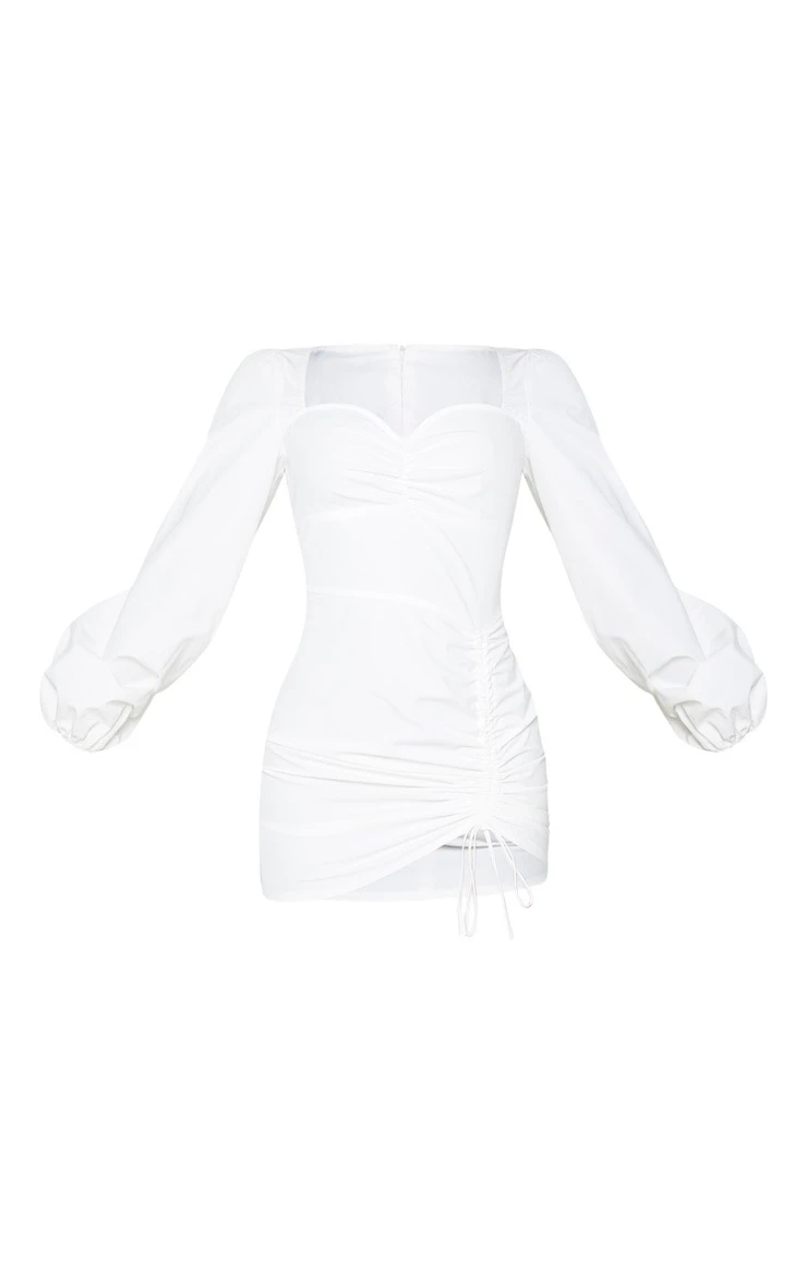 White Long Sleeve Sweetheart Neck Ruched Bodycon Dress 5 White Long Sleeve Sweetheart Neck Ruched Bodycon Dress - Image 5