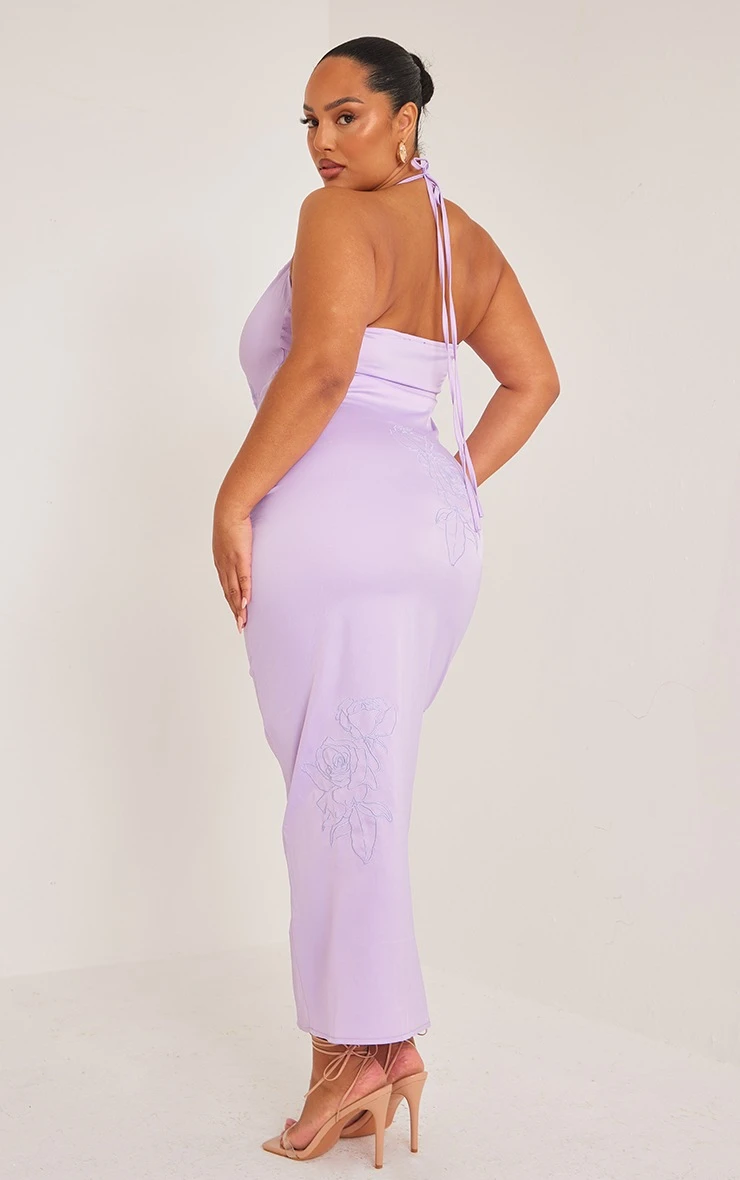 Plus Lilac Halterneck Satin Embroidered Maxi Dress 2 Plus Lilac Halterneck Satin Embroidered Maxi Dress - Image 2