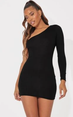 Black One Shoulder Long Sleeve Bodycon Dress