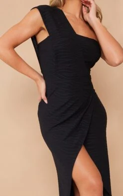 Black Textured One Shoulder Draped Wrap Midi Dress -Serenova Dresses Shop 46da94f1e6ae8adbd3404b5aa3556e6a8f8ffd3f cna3564 4