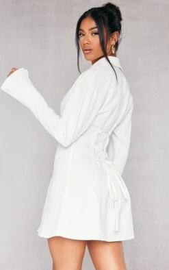 White Woven Lace Back Detail Shirt Dress
