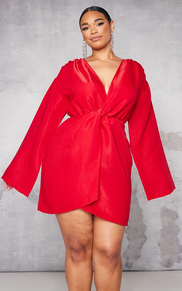 Plus Red Glitter Twist Front Wrap Shift Dress 3 Plus Red Glitter Twist Front Wrap Shift Dress - Image 3