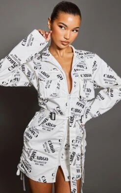 Cream Cargo Print Ruched Pocket Detail Zip Through Bodycon Dress