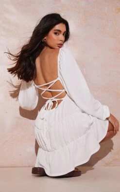 White Textured Back Strap Detail Tiered Shift Dress
