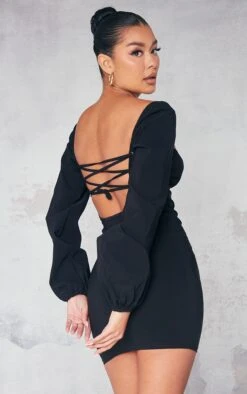 Black Woven Ruched Bust Lace Up Back Shift Dress