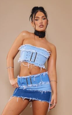 Mid Blue Wash Distressed Panel Belted Denim Mini Skirt