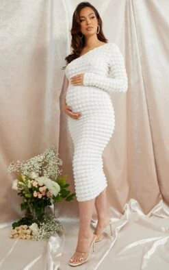 Maternity White One Shoulder Bubble Textured Midaxi Dress -Serenova Dresses Shop 4ca92ad93a961b6b69ae2227f1cd4dd55c619198 cnd6828 3