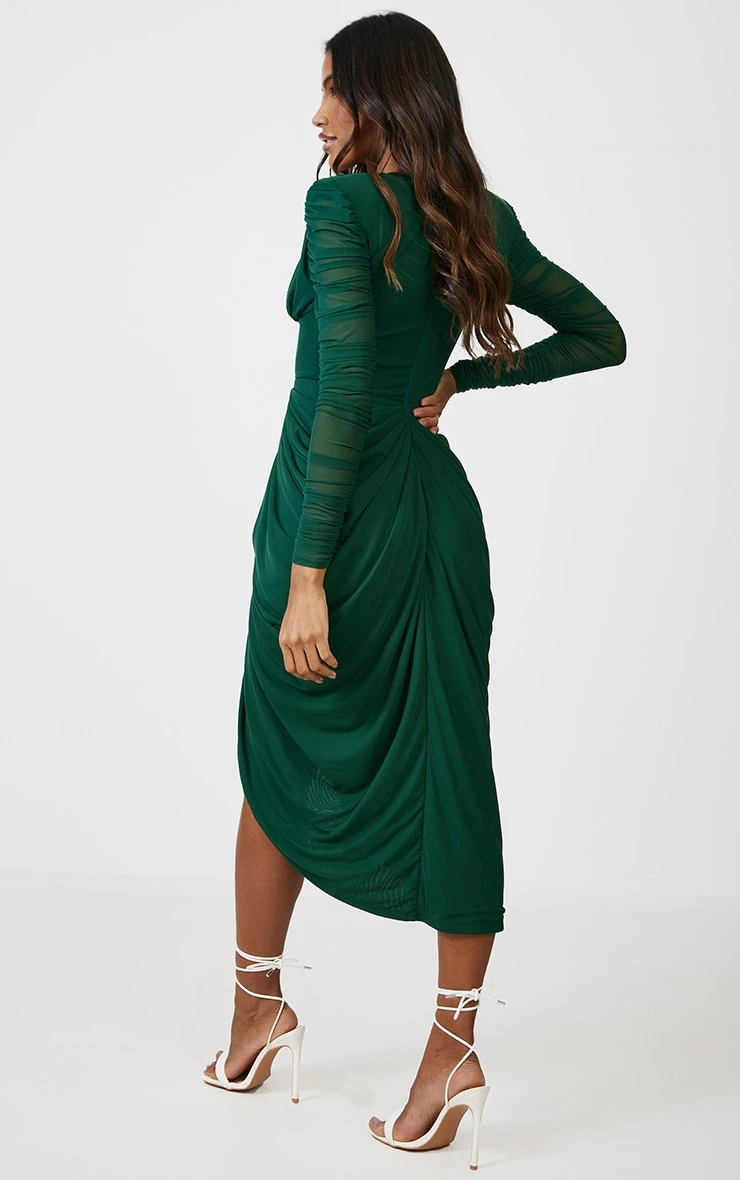 Emerald Green Mesh Ruched Long Sleeve Draped Midi Dress 2 Emerald Green Mesh Ruched Long Sleeve Draped Midi Dress - Image 2