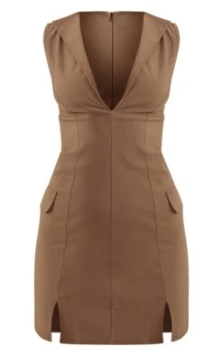 Khaki Sleeveless Pocket Detail Plunge Neck Bodycon Dress -Serenova Dresses Shop 4ed68facb813eccc7bc0b1afbeedaef00941052e cne1404 5
