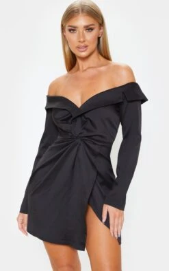Black Bardot Knot Detail Blazer Dress