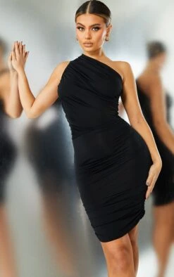 Black Slinky Ruched One Shoulder Bodycon Dress