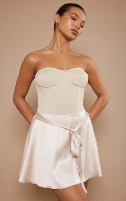 Cream Satin Tie Flippy Mini Skirt