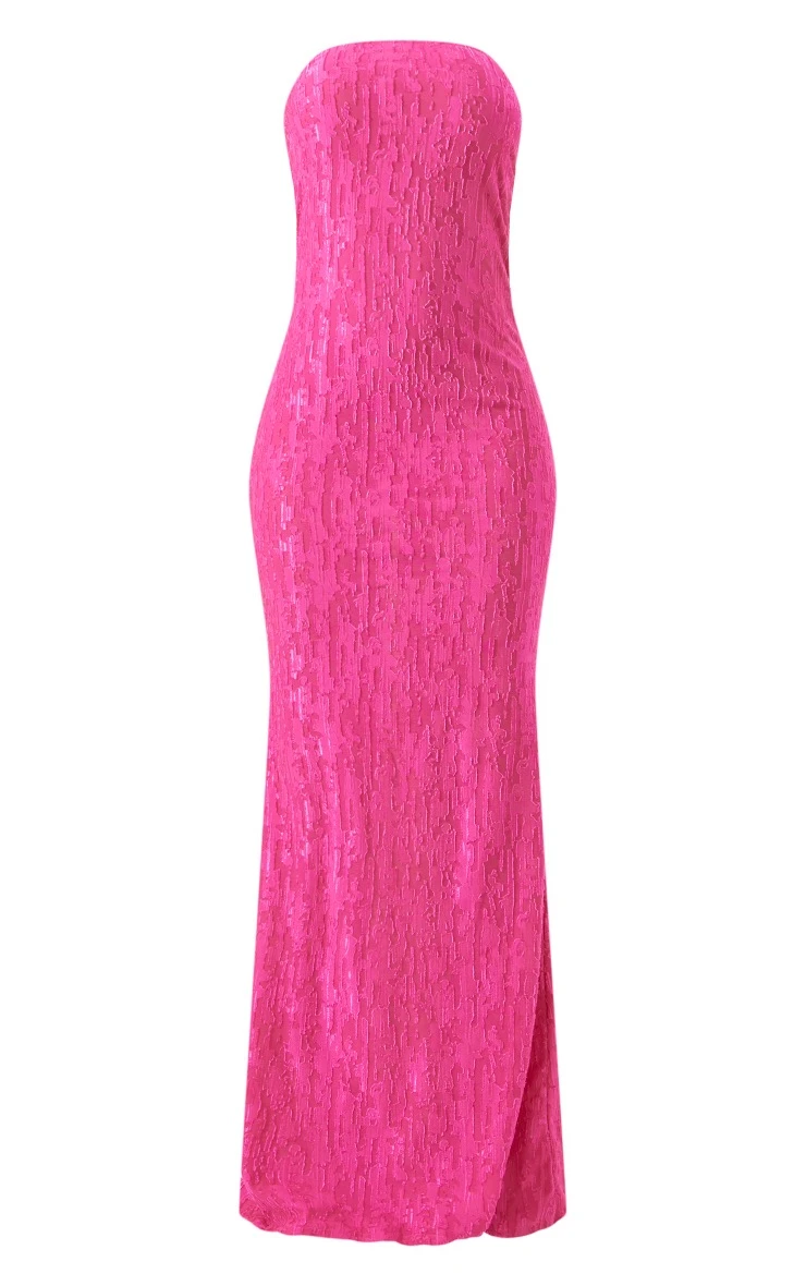 Hot Pink Textured Metallic Bandeau Cowl Back Maxi Dress 5 Hot Pink Textured Metallic Bandeau Cowl Back Maxi Dress - Image 5