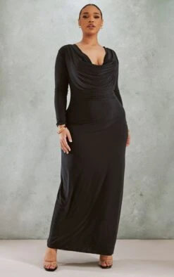 Plus Black Extreme Cowl Neck Maxi Dress