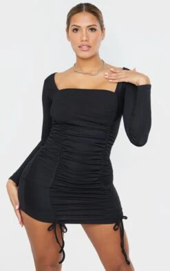 Shape Black Square Neck Ruched Front Bodycon Dress