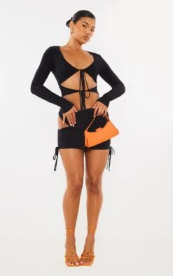 Black Slinky Tie Side Cut Out Mini Skirt