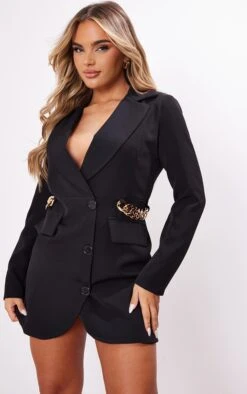 Black Woven Side Chain Detail Blazer Dress