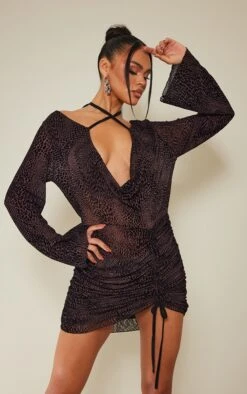 Chocolate Flocked Cowl Tie Detail Ruched Bodycon Dress