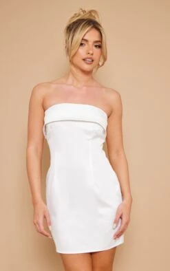 White Satin Bandeau Fold Over Shift Dress