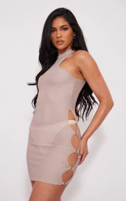 Stone Textured Sheer Side Cut Out Ring Detail Bodycon Dress
