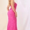 Hot Pink Textured Metallic Bandeau Cowl Back Maxi Dress