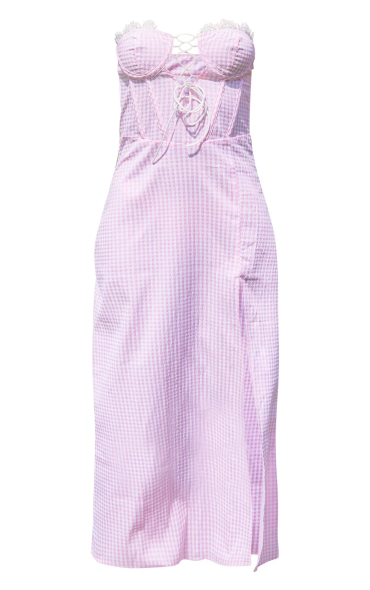 Pastel Pink Gingham Lace Trim Corset Split Midi Dress 5 Pastel Pink Gingham Lace Trim Corset Split Midi Dress - Image 5