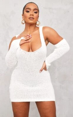 Shape Cream Knit Square Neck Bardot Sleeve Dress