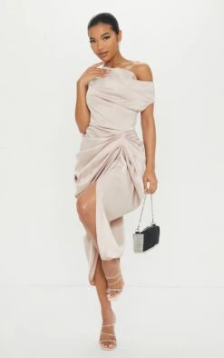Champagne Satin Off The Shoulder Draped Skirt Midi Dress -Serenova Dresses Shop 649c20edcd81e2d0156ed12f1285facad997b127 cmo6935 1