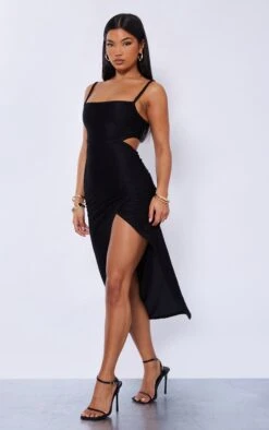 Black Pleated Open Back Strappy Midaxi Dress