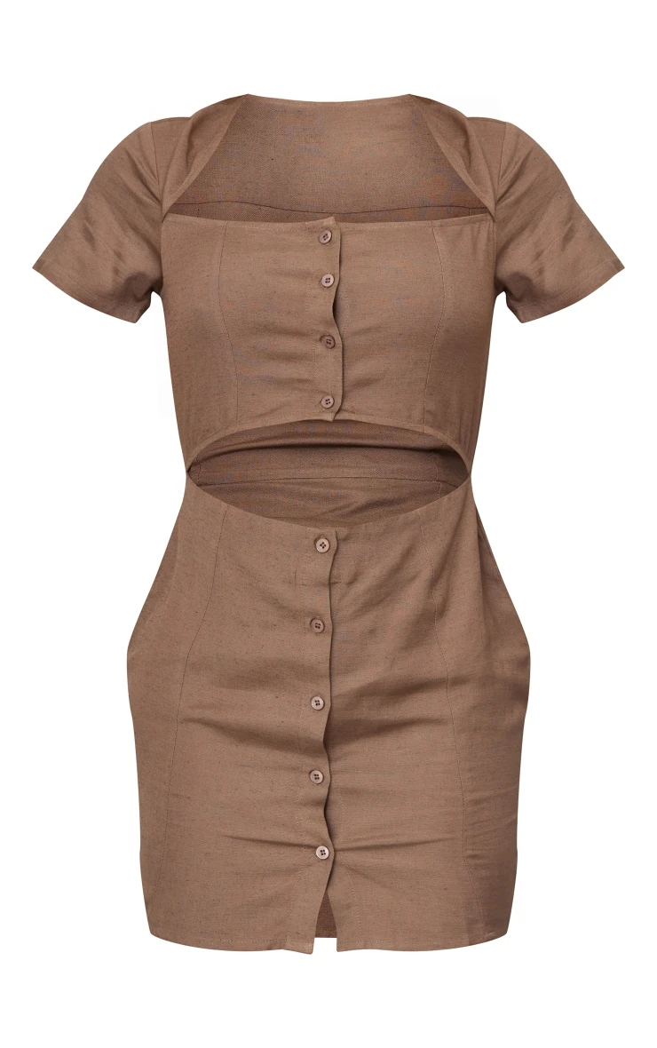 Taupe Linen Look Button Detail Cut Out Bodycon Dress 5 Taupe Linen Look Button Detail Cut Out Bodycon Dress - Image 5