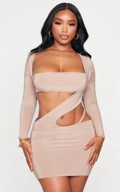 Shape Taupe Slinky Cut Out Long Sleeved Bodycon Dress