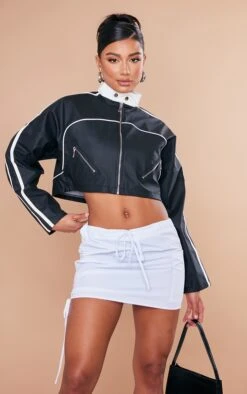 White Parachute Ruched Side Drawstring Waist Micro Mini Skirt