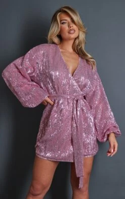 Pink Sequin Wrap Balloon Sleeve Shift Dress