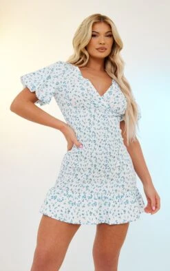 Blue Ditsy Floral Print Shirred V Neck Bodycon Dress