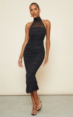 Black Mesh Underwired Ruched High Neck Midi Dress