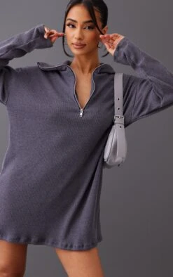 Petite Ink Blue Rib High Neck Half Zip Oversized Sweatshirt Dress -Serenova Dresses Shop 72ae53e335a87e44a49e98ff023614c5a2333e37 cnc4743 4