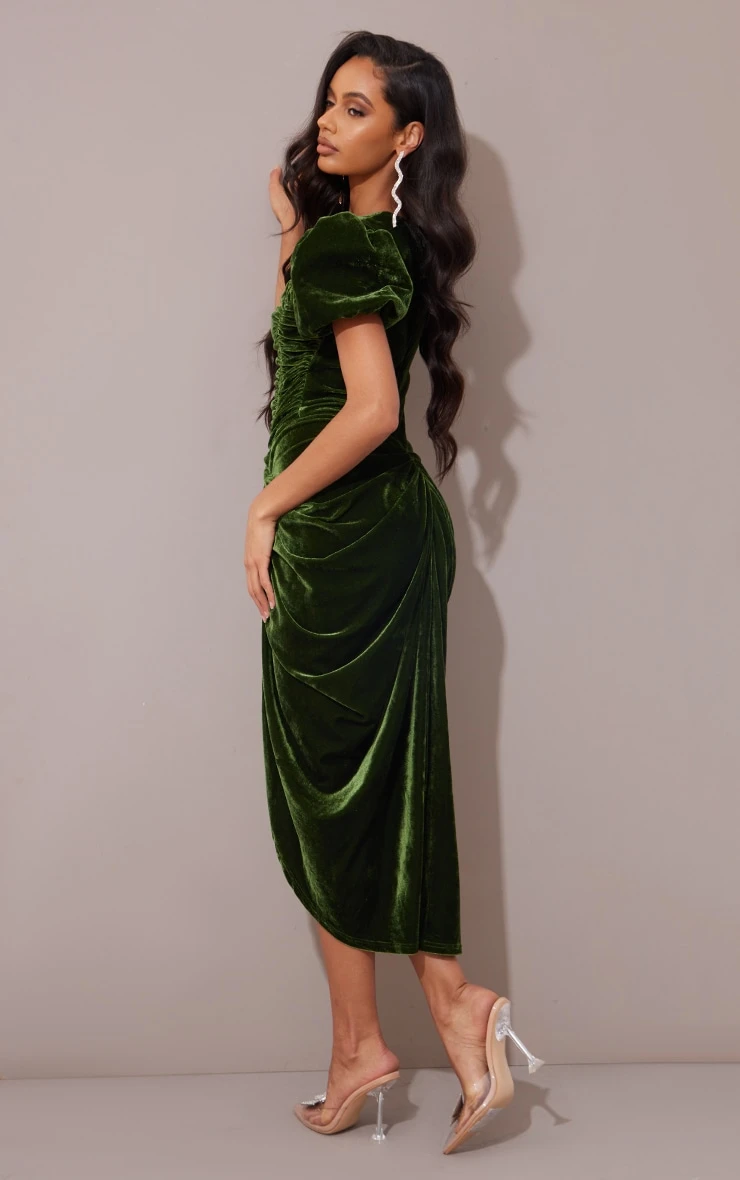 Olive Ruched Bodice Puff Sleeve Velvet Midi Dress 2 Olive Ruched Bodice Puff Sleeve Velvet Midi Dress - Image 2