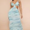 Shape Blue Textured Printed Slinky Cut Out Maxi Dress
