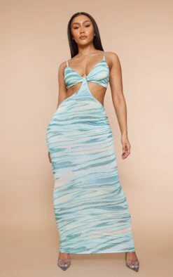 Shape Blue Textured Printed Slinky Cut Out Maxi Dress