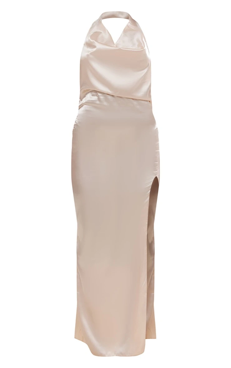 Champagne Cowl Neck Thigh Split Satin Maxi Dress 5 Champagne Cowl Neck Thigh Split Satin Maxi Dress - Image 5