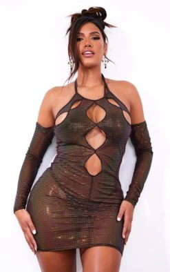 Shape Chocolate Brown Glitter Mesh Cut Out Front Bardot Sleeve Bodycon Dress