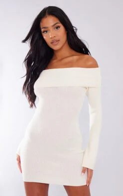 Tall Cream Knit Off The Shoulder Mini Dress