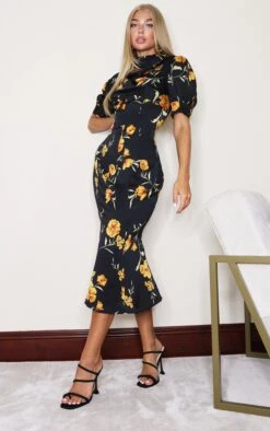 Black Floral Puff Sleeve Draped Neck Midi Dress -Serenova Dresses Shop 81c818fff163f553063b55095b182595ebc64a94 cmn9278 3