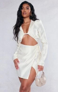 Cream Satin Twist Front Cut Out Blazer Style Dress
