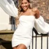 BRIDAL White Long Puff Sleeve Bardot Bodycon Dress