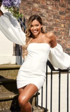 BRIDAL White Long Puff Sleeve Bardot Bodycon Dress