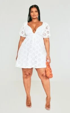 Plus White Broderie Anglaise Puff Sleeve Shift Dress